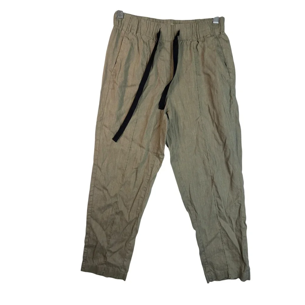 Aritzia Babaton Linen Blend Tapered Drawstring Pants XS Olive Green Seam Front